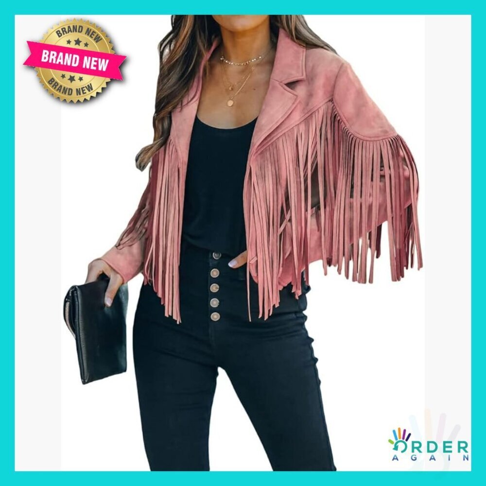 Faux Suede Moto Jacket Cropped Fringe Tassel Slim Fit Y2K Western Chic